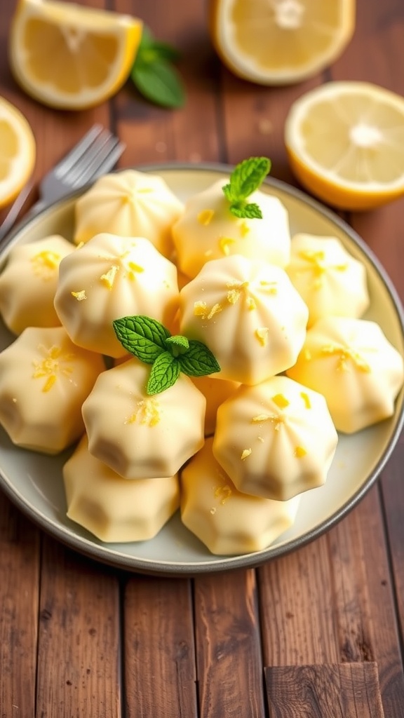 A tempting display of Keto Lemon Cream Cheese Fat Bombs on a plate, garnished with lemon zest and mint.